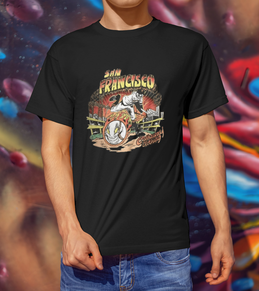 San Francisco Giants Skeleton Pitcher Flaming Baseball Golden Gate Bridge Carraway Clothing T-Shirt