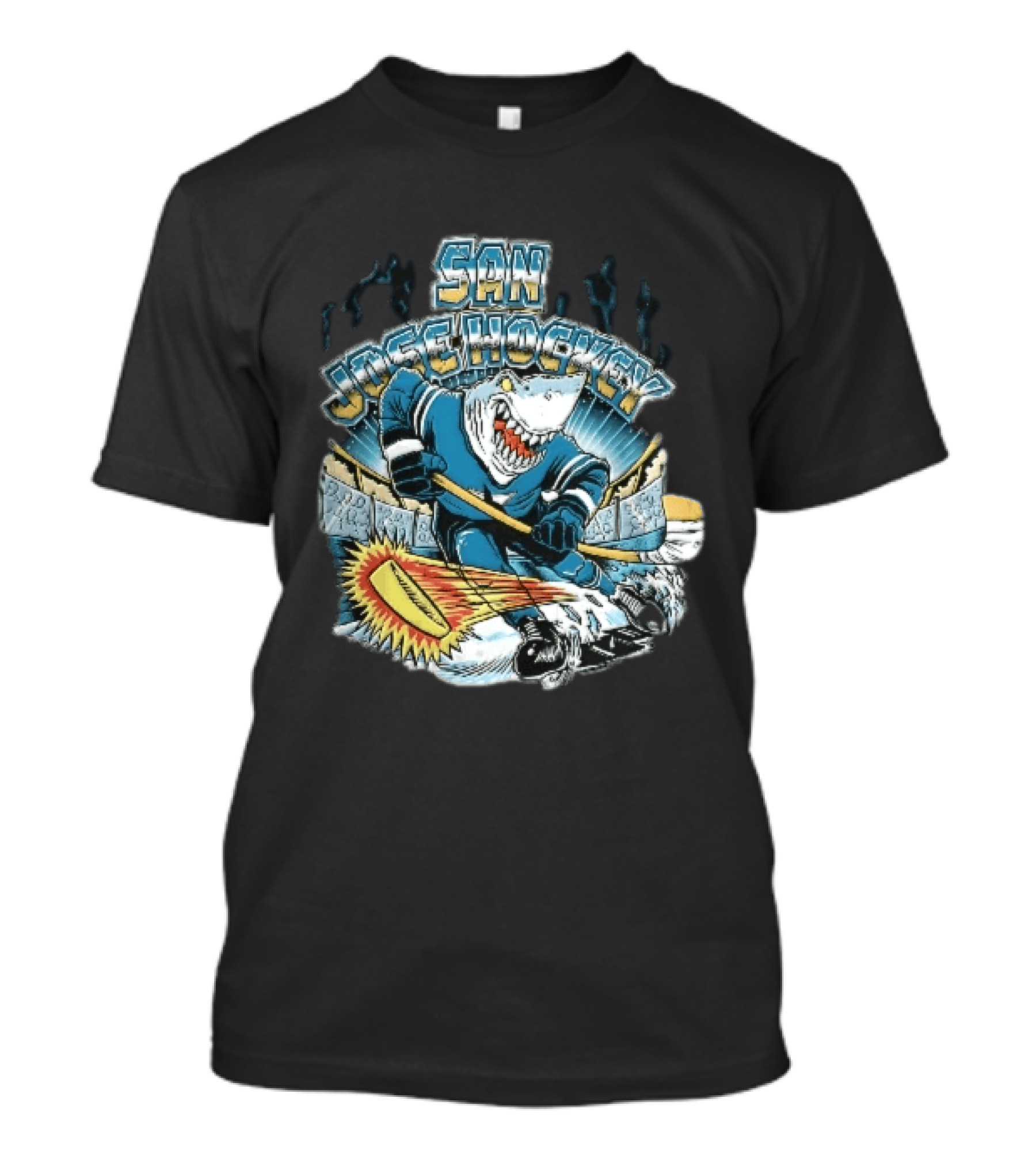 San Jose Hockey Cartoon Skating Shark Flaming Puck Ice Rink T-Shirt