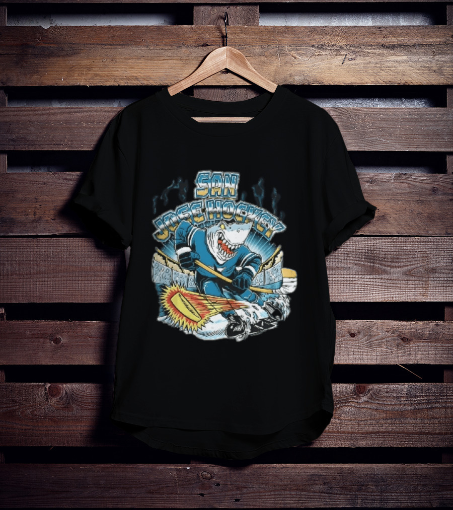 San Jose Hockey Cartoon Skating Shark Flaming Puck Ice Rink T-Shirt