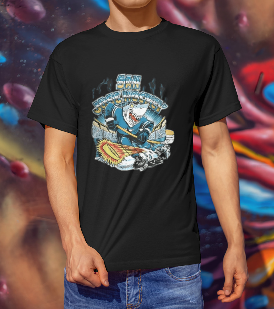 San Jose Hockey Cartoon Skating Shark Flaming Puck Ice Rink T-Shirt