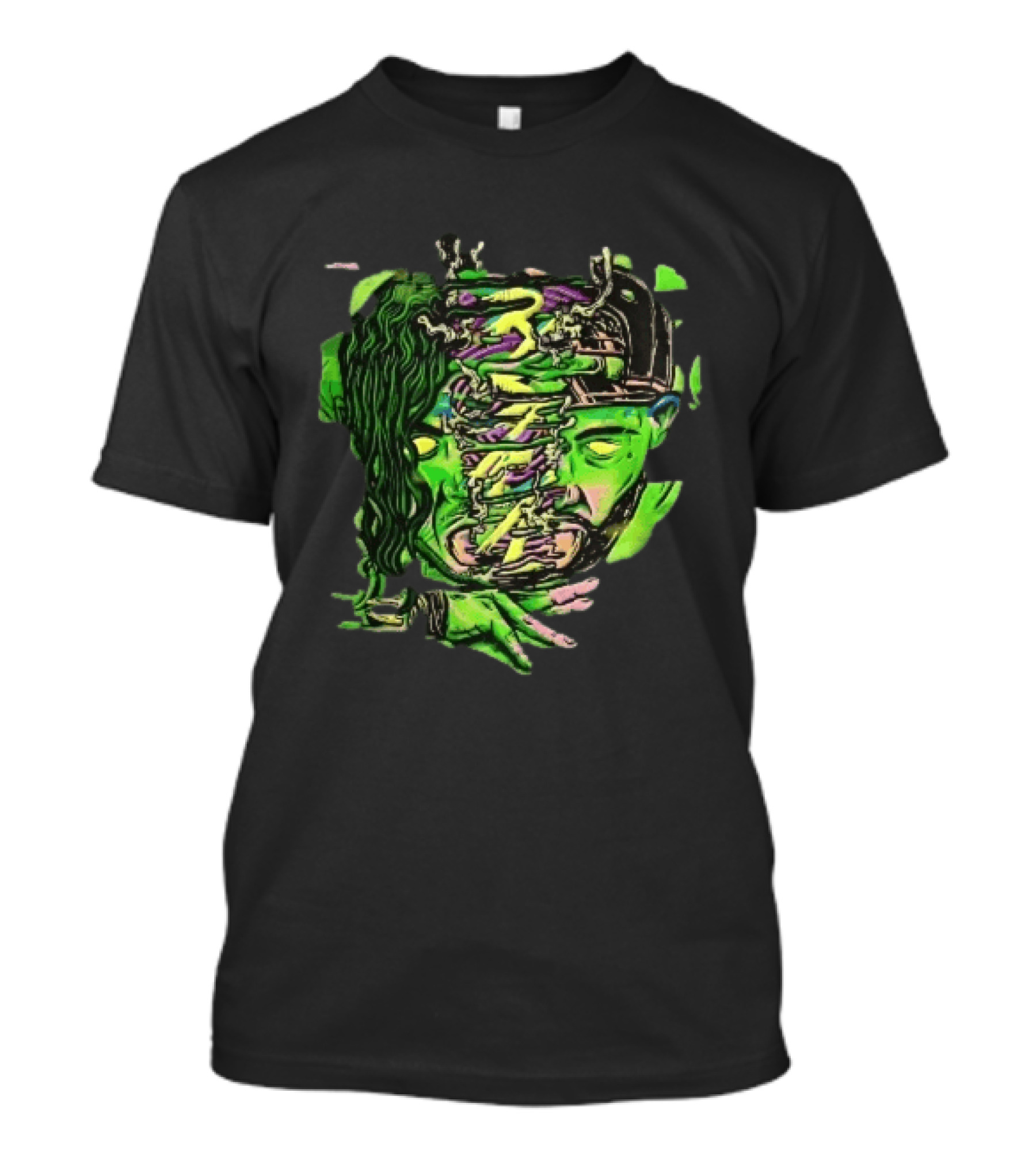 Split Green Head Glowing Yellow Eyes Neon Cartoon Halftone T-Shirt