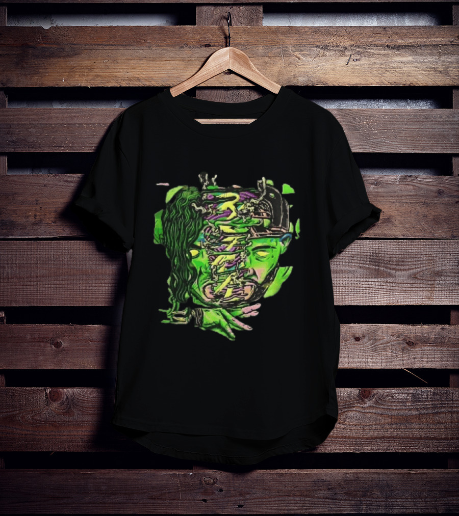 Split Green Head Glowing Yellow Eyes Neon Cartoon Halftone T-Shirt