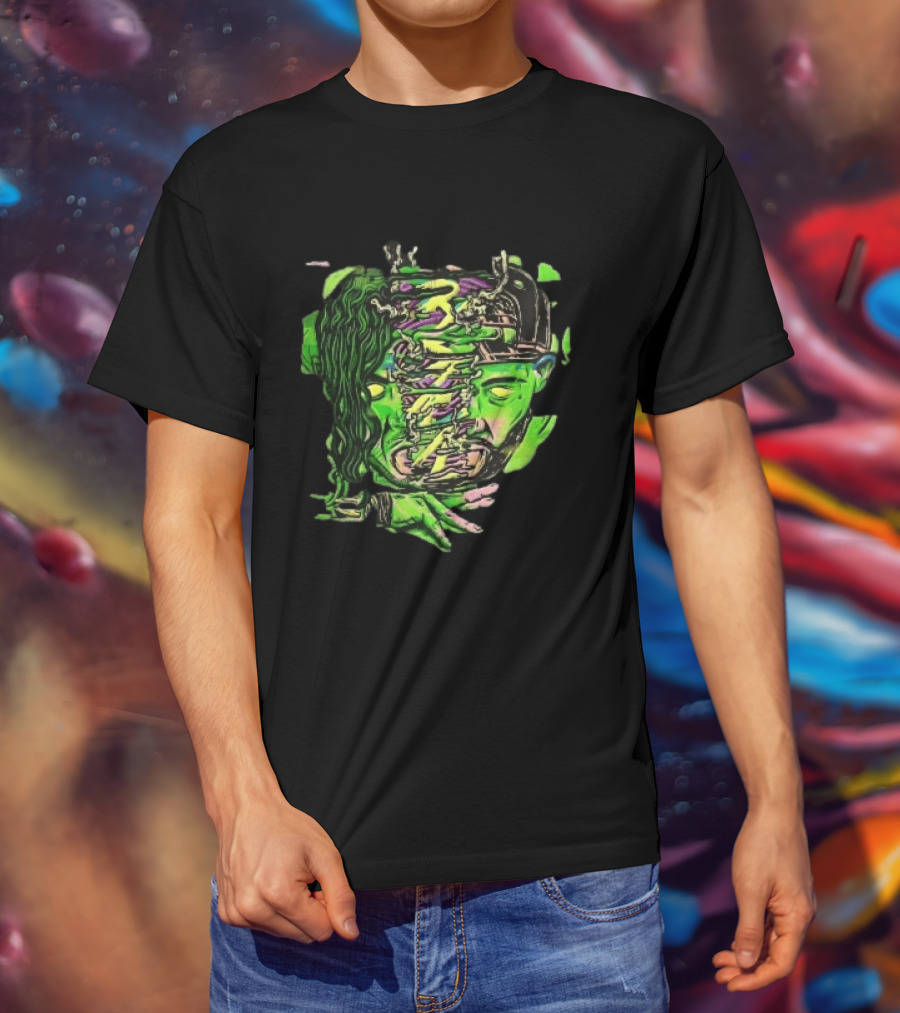 Split Green Head Glowing Yellow Eyes Neon Cartoon Halftone T-Shirt