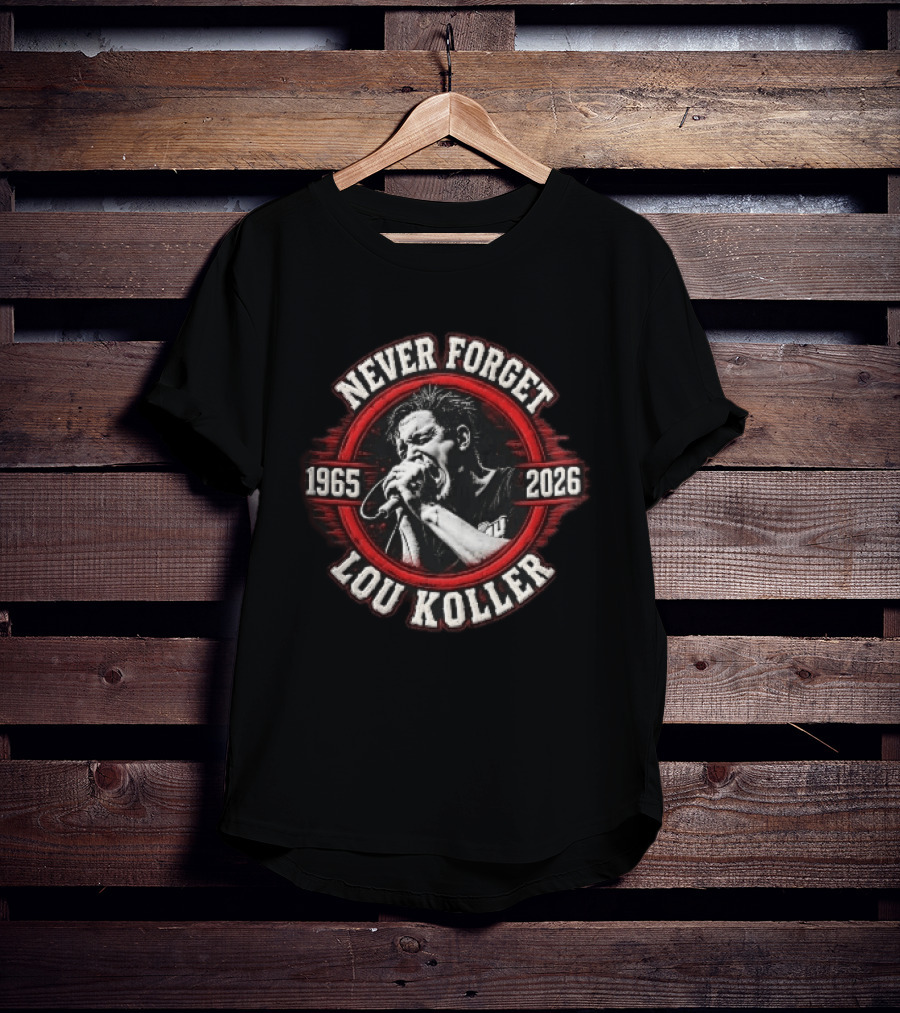 Never Forget Lou Koller 1965 2026 Singer Screaming Microphone Red Frame T-Shirt