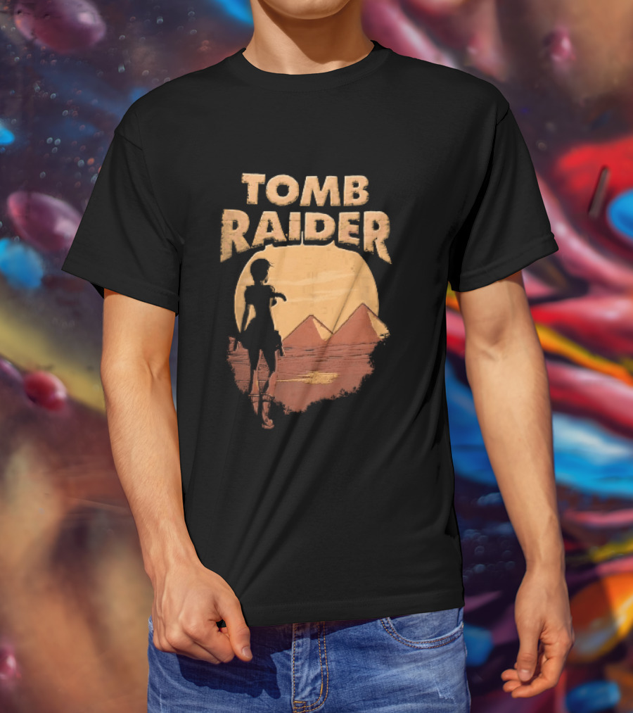Tomb Raider Lara Croft Pyramids Desert Sunset Scene T-Shirt