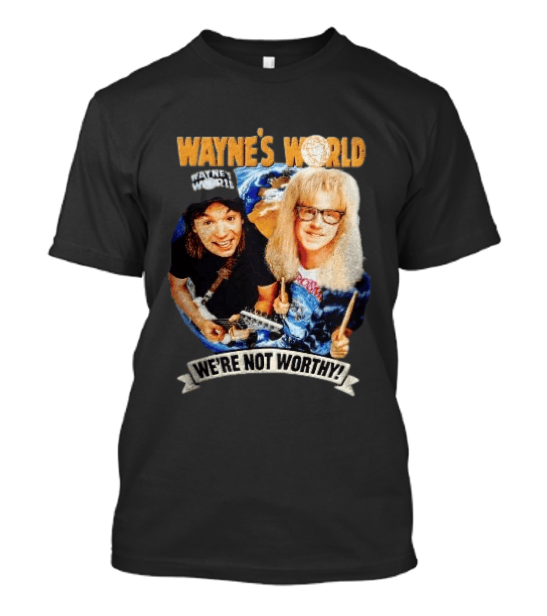 Wayne's World We're Not Worthy Wayne And Garth Classic Comedy Duo 90s Cult Film T-Shirt