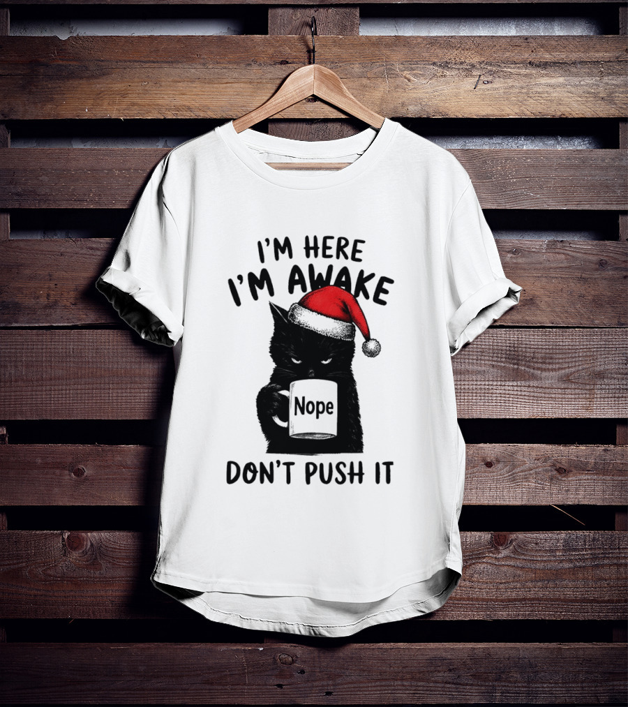 Black Cat Santa I'm Here I'm Awake Nope Don't Push It Holiday T-Shirt