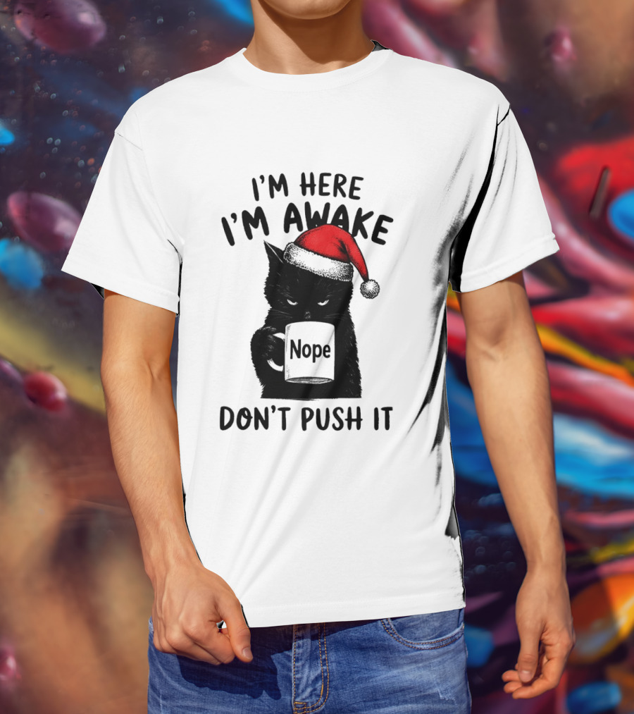 Black Cat Santa I'm Here I'm Awake Nope Don't Push It Holiday T-Shirt