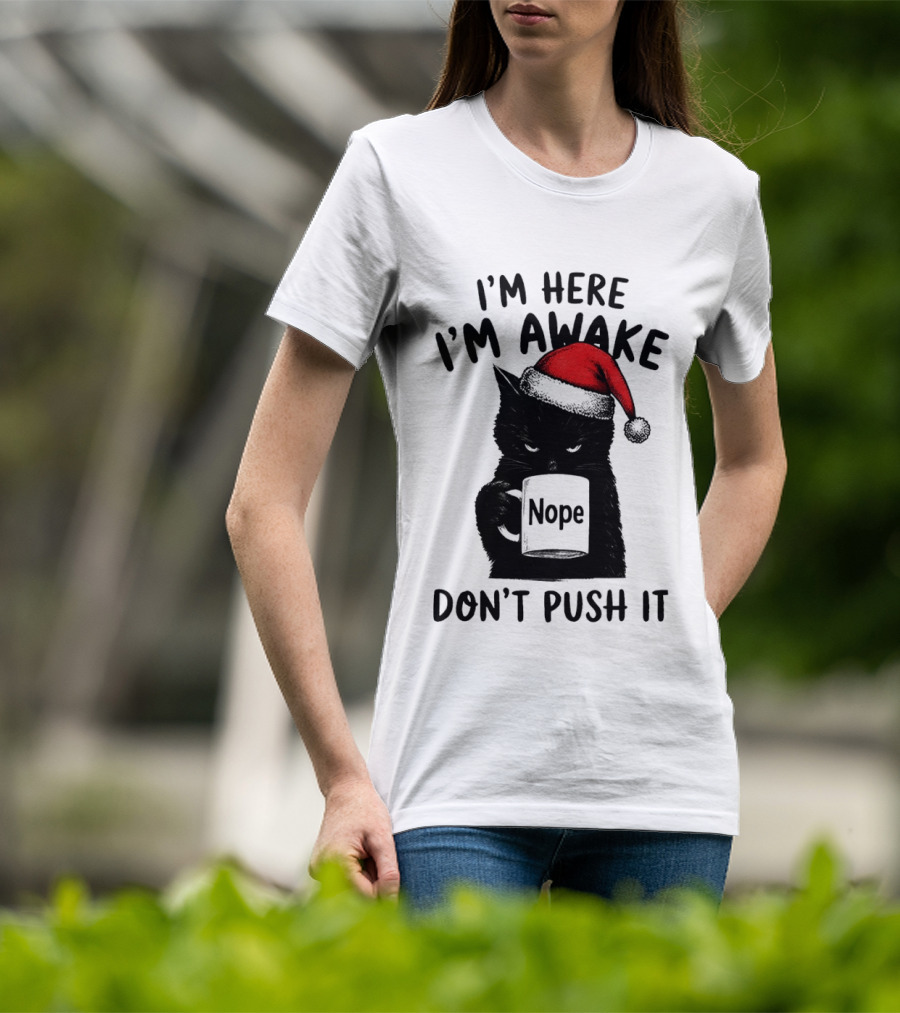 Black Cat Santa I'm Here I'm Awake Nope Don't Push It Holiday T-Shirt