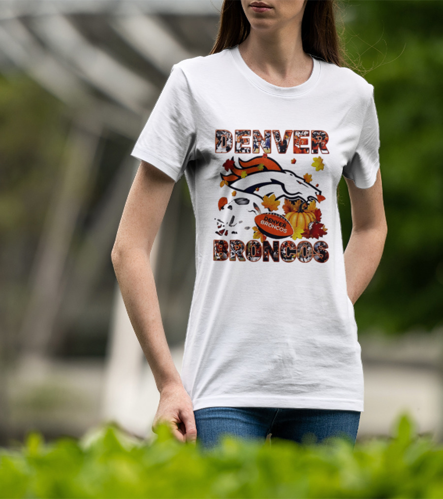 Denver Broncos Football Autumn Fall Leaves Pumpkin Halloween 2026 T-Shirt