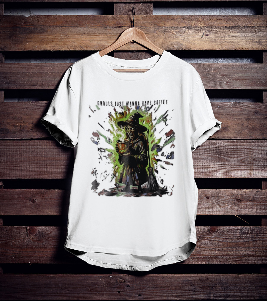 Ghouls Just Wanna Have Coffee Witch With Pumpkin And Broom Colorful Splatter T-Shirt