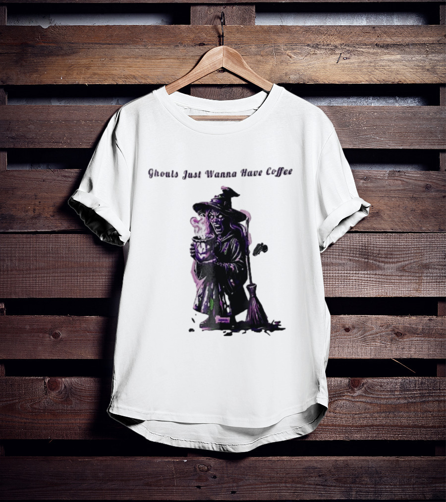 Ghouls Just Wanna Have Coffee Witch Holding Steaming Broomstick T-Shirt
