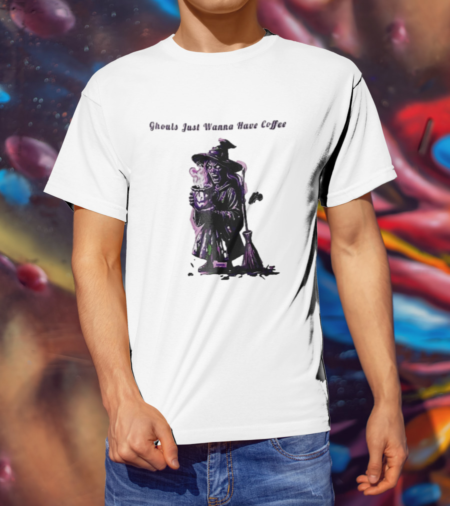 Ghouls Just Wanna Have Coffee Witch Holding Steaming Broomstick T-Shirt