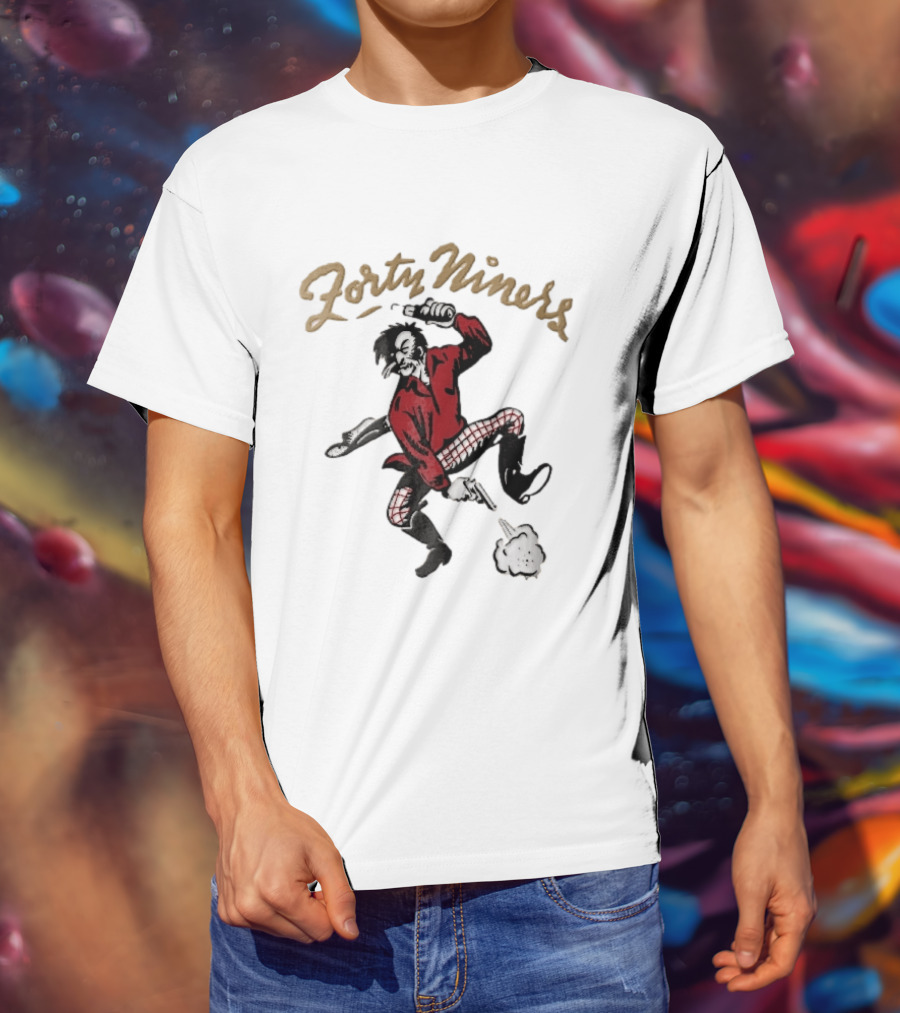 San Francisco 49ers Forty Niners Cartoon Gold Rush Miner Shooting Pistol Vintage Football T-Shirt