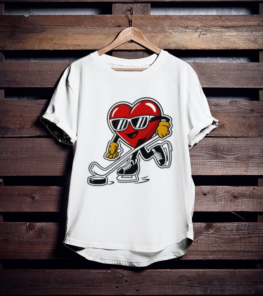 I Love Hockey Heart Character With Sunglasses And Stick T-Shirt