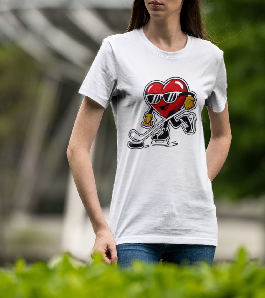 I Love Hockey Heart Character With Sunglasses And Stick T-Shirt