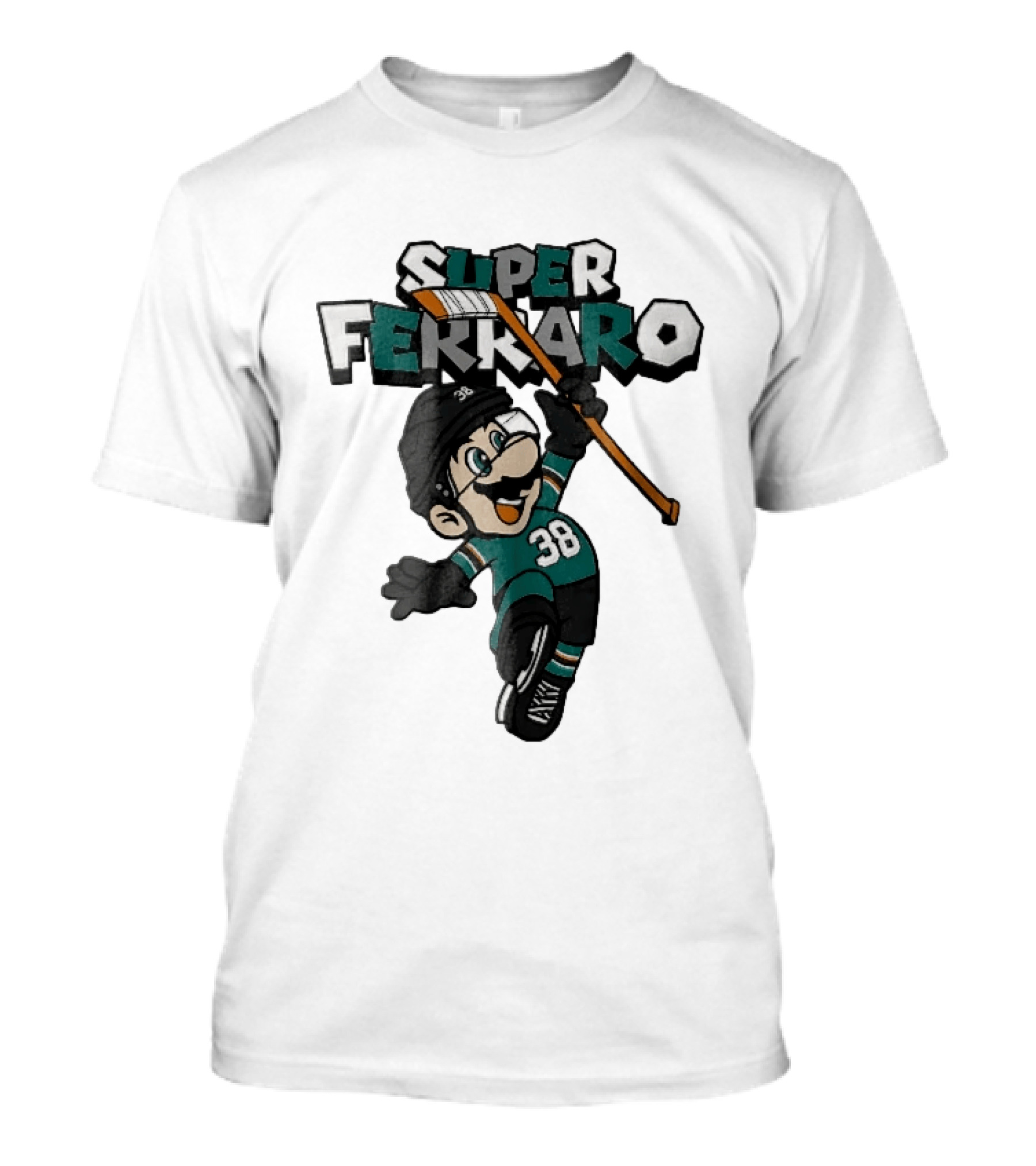 Super Ferraro Mario 38 Ice Hockey Player Jumping Stick Cartoon Caricature T-Shirt