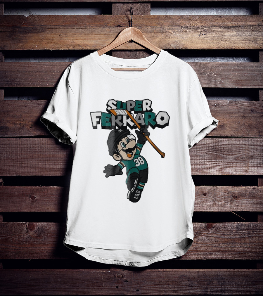 Super Ferraro Mario 38 Ice Hockey Player Jumping Stick Cartoon Caricature T-Shirt
