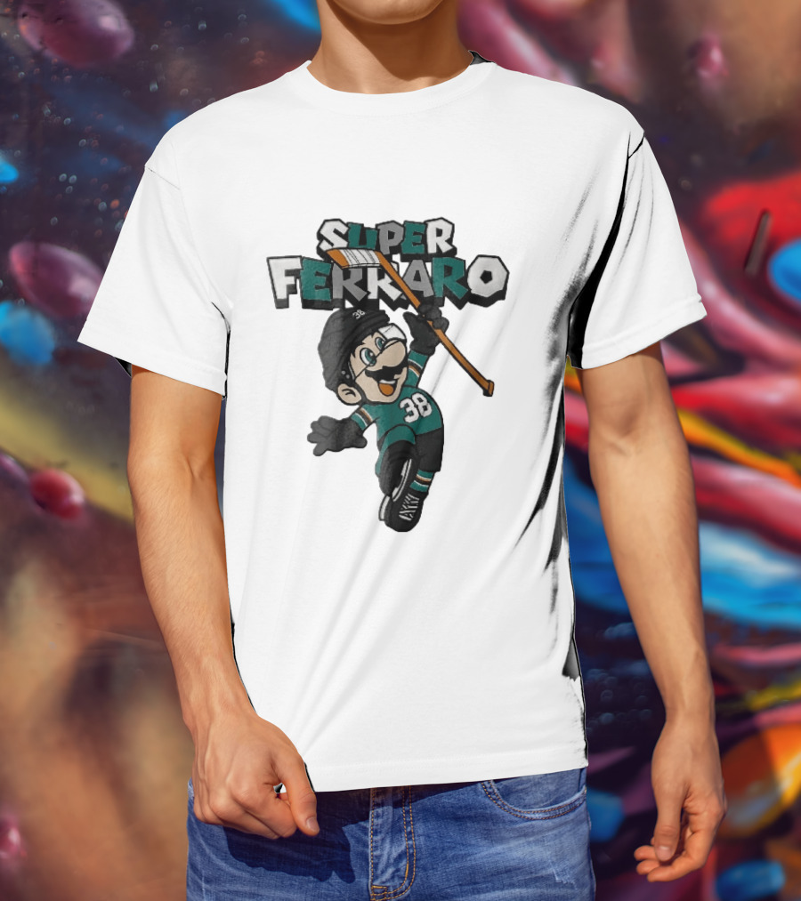 Super Ferraro Mario 38 Ice Hockey Player Jumping Stick Cartoon Caricature T-Shirt