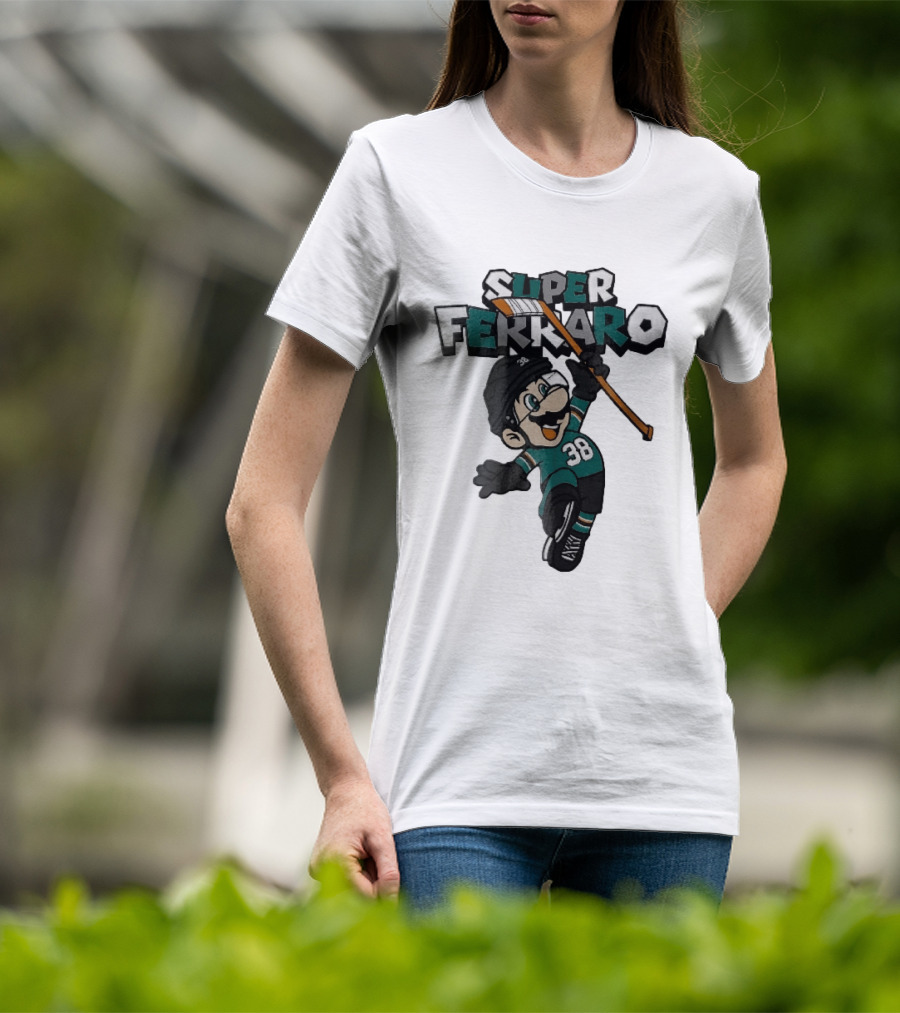 Super Ferraro Mario 38 Ice Hockey Player Jumping Stick Cartoon Caricature T-Shirt