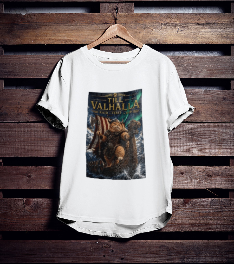 Till Valhalla Raid Feast Nap Viking Cat On Longship With Northern Lights T-Shirt