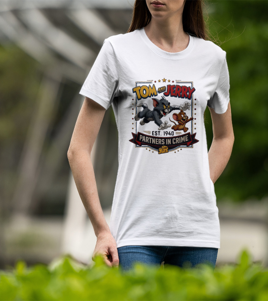 Tom And Jerry Partners In Crime Est 1940 Classic Cartoon Duo Adventure T-Shirt