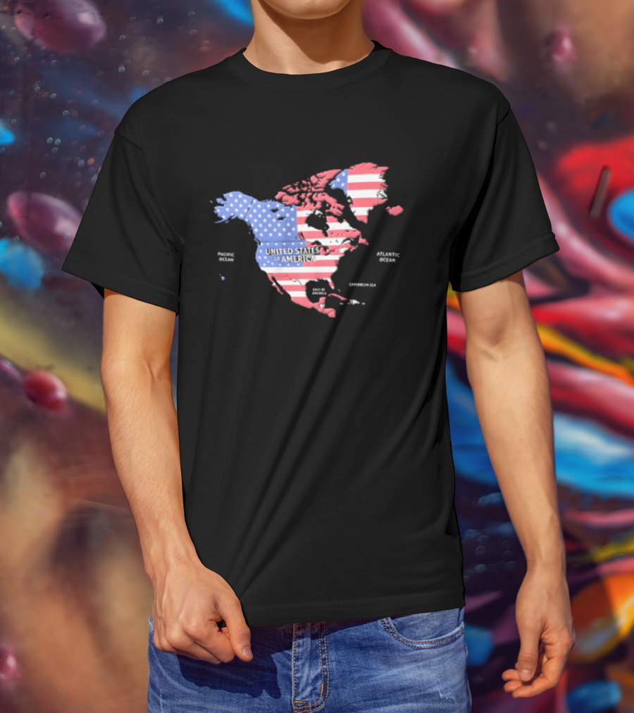 United States American Flag Map Of North America Featuring USA Canada Mexico Greenland T-Shirt