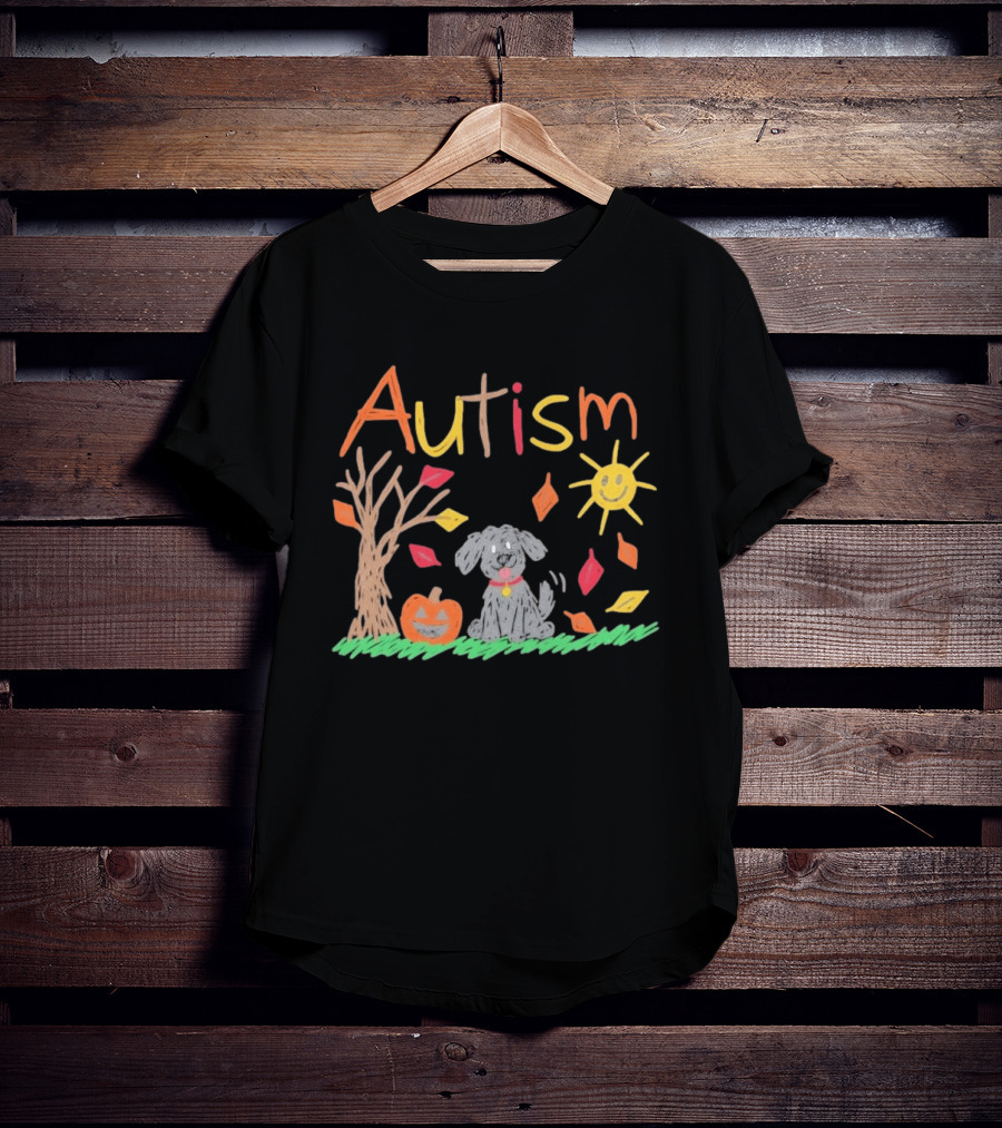 Autism Awareness Fall Puppy Pumpkin Autumn Leaves Sun Drawing T-Shirt