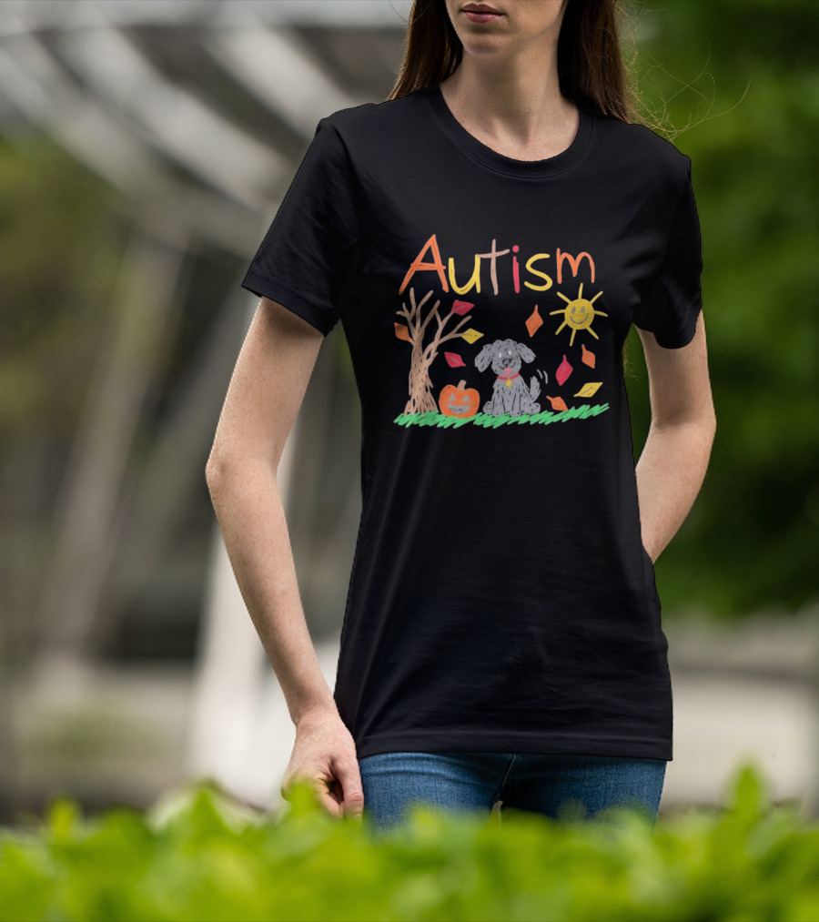 Autism Awareness Fall Puppy Pumpkin Autumn Leaves Sun Drawing T-Shirt
