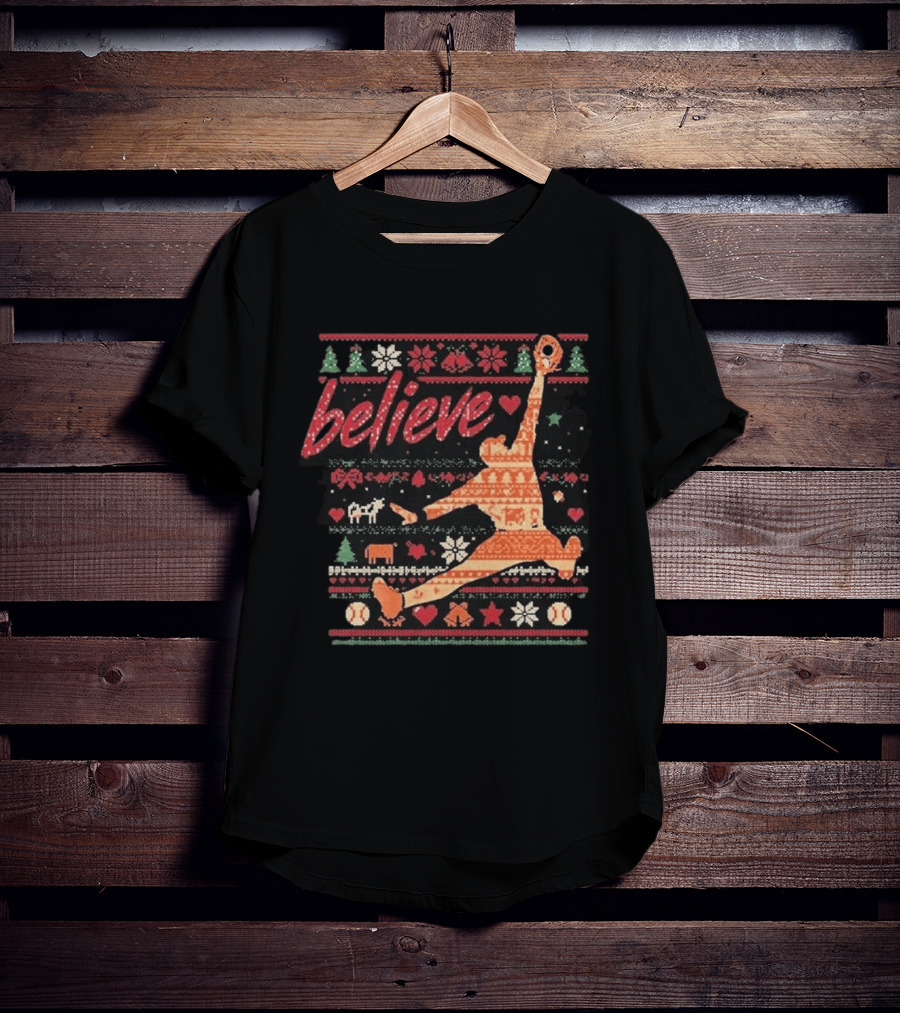 Believe Orioles Air Cowser Ugly Christmas Festive Sweater Baseball Catch T-Shirt