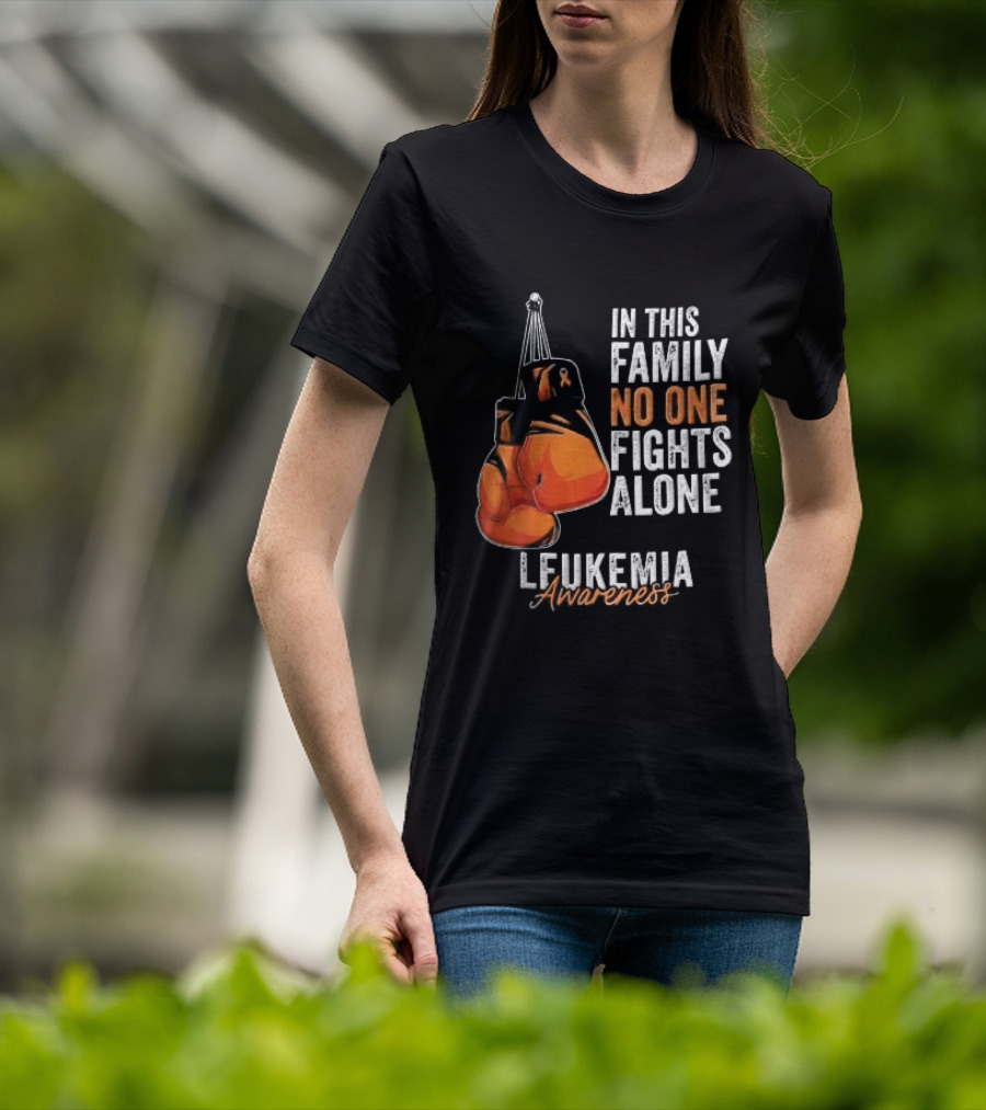 In This Family No One Fights Alone Leukemia Awareness Orange Boxing Gloves T-Shirt