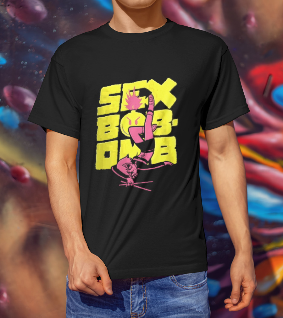 Sex Bob Omb Inverted Pink Cartoon Drummer With Drumsticks Bold Yellow T-Shirt