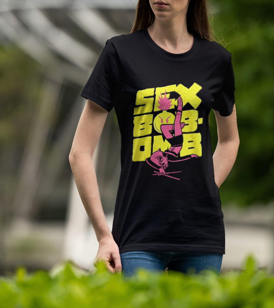 Sex Bob Omb Inverted Pink Cartoon Drummer With Drumsticks Bold Yellow T-Shirt