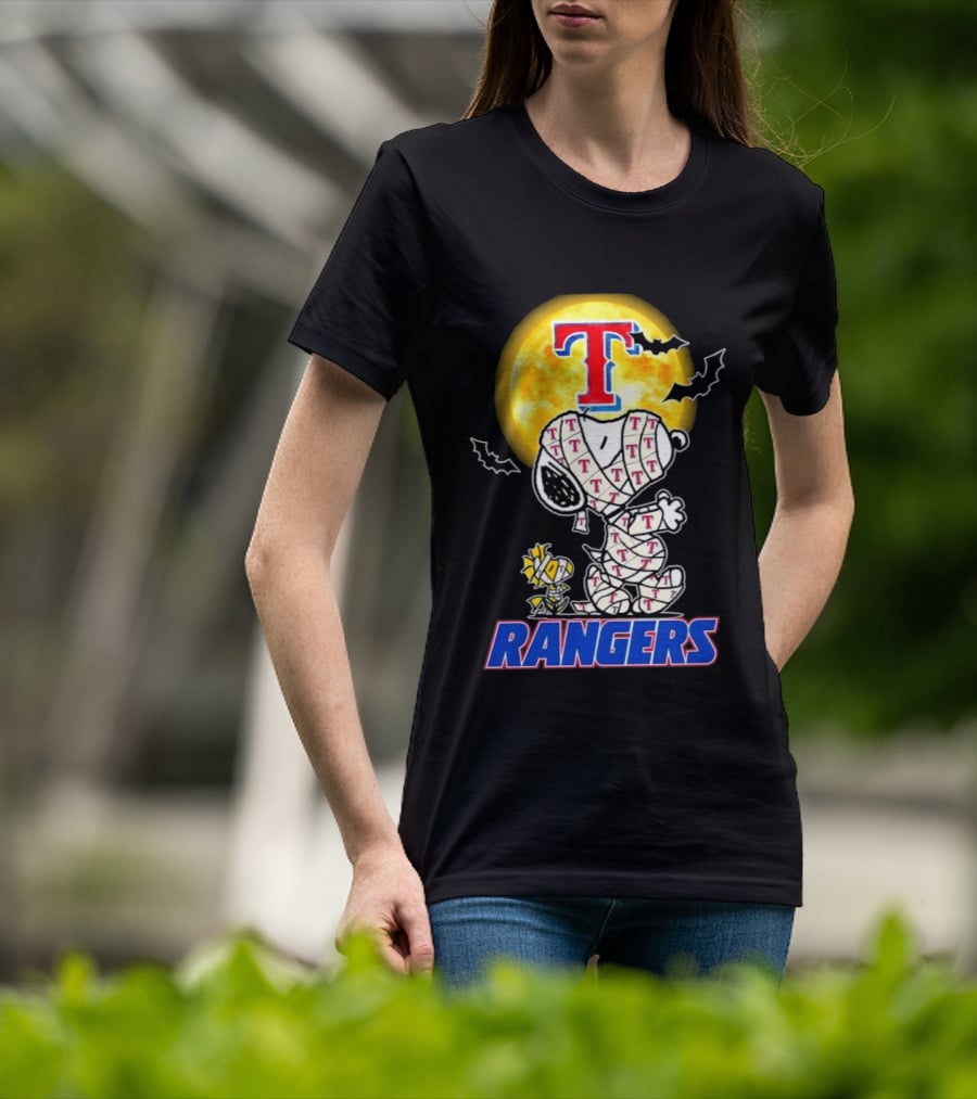 Texas Rangers Snoopy Woodstock Mummy Halloween Collaboration T-Shirt