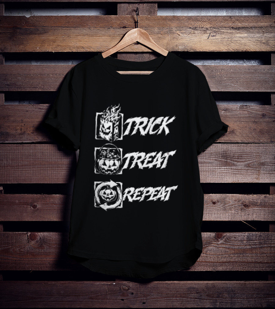 Trick Treat Repeat Flaming Bag Candy Bucket Pumpkin Motif T-Shirt