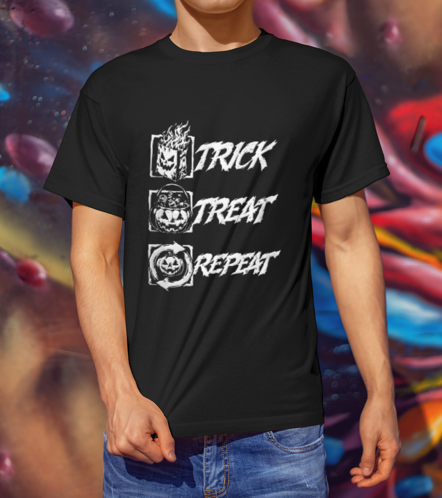 Trick Treat Repeat Flaming Bag Candy Bucket Pumpkin Motif T-Shirt
