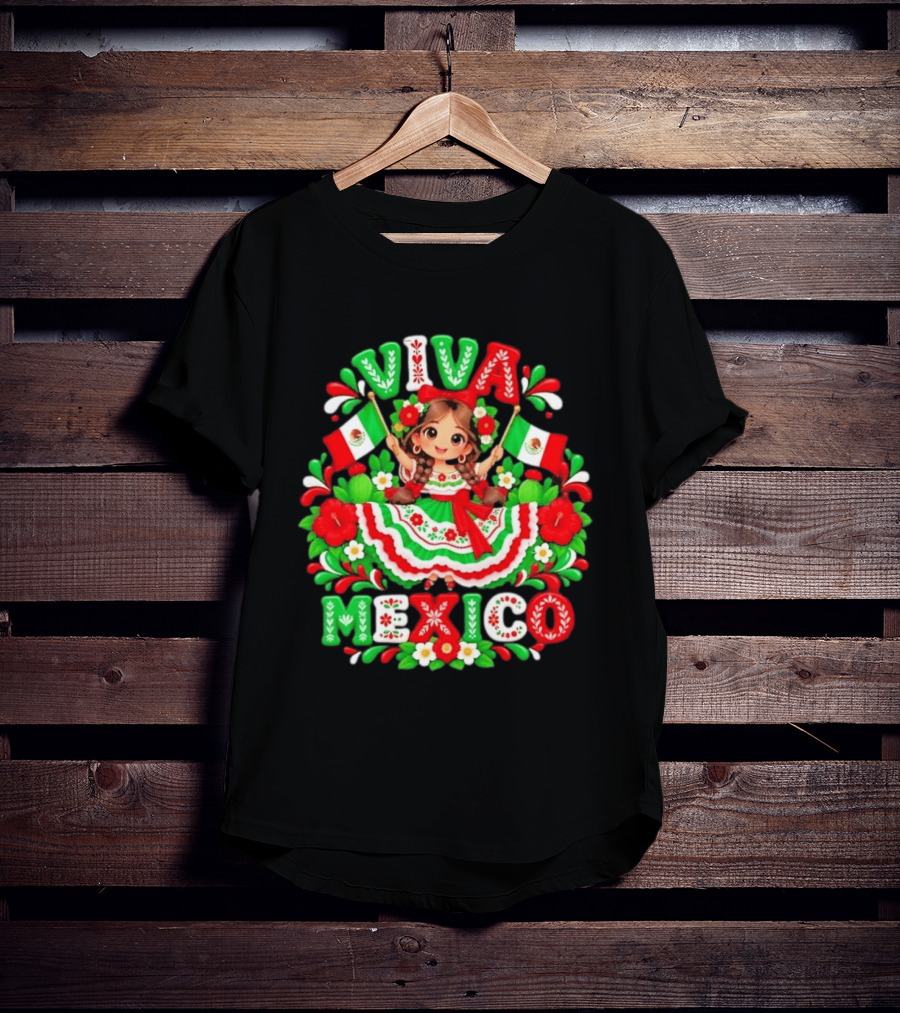 Viva Mexico Girl Festive Mexican Flags Floral Celebration T-Shirt