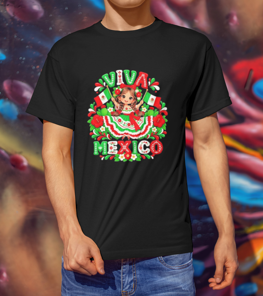 Viva Mexico Girl Festive Mexican Flags Floral Celebration T-Shirt