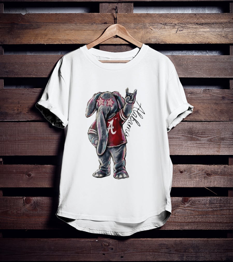 Alabama Crimson Tide Elephant Pink Star Glasses Hand Sign Sketch T-Shirt
