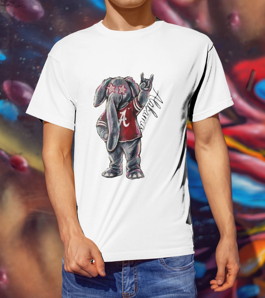 Alabama Crimson Tide Elephant Pink Star Glasses Hand Sign Sketch T-Shirt