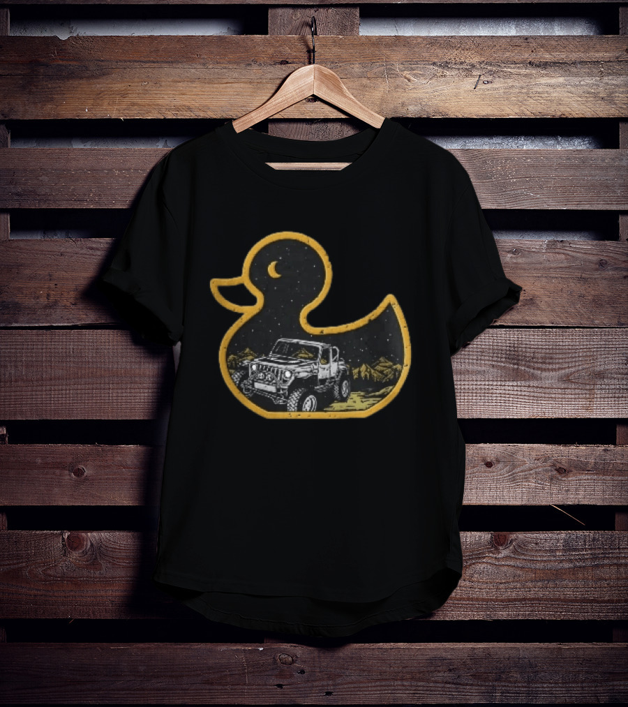 Distressed Yellow Duck Jeep Mountains Night Sky Crescent Moon T-Shirt