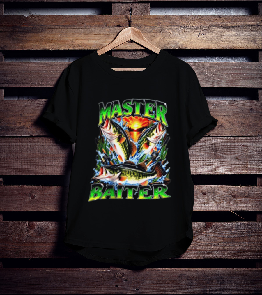 Master Baiter Fishing Large Mouth Bass Sunset Scene T-Shirt