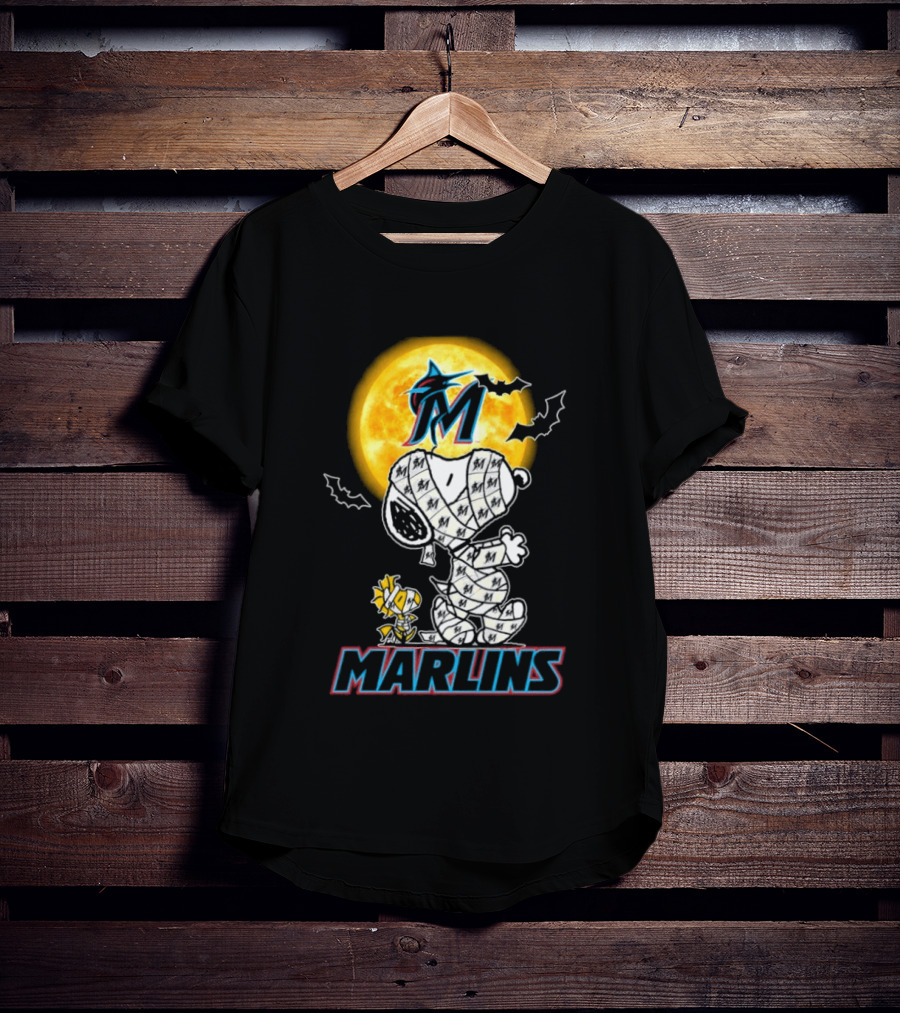Miami Marlins Snoopy Woodstock Mummy Halloween Moon T-Shirt
