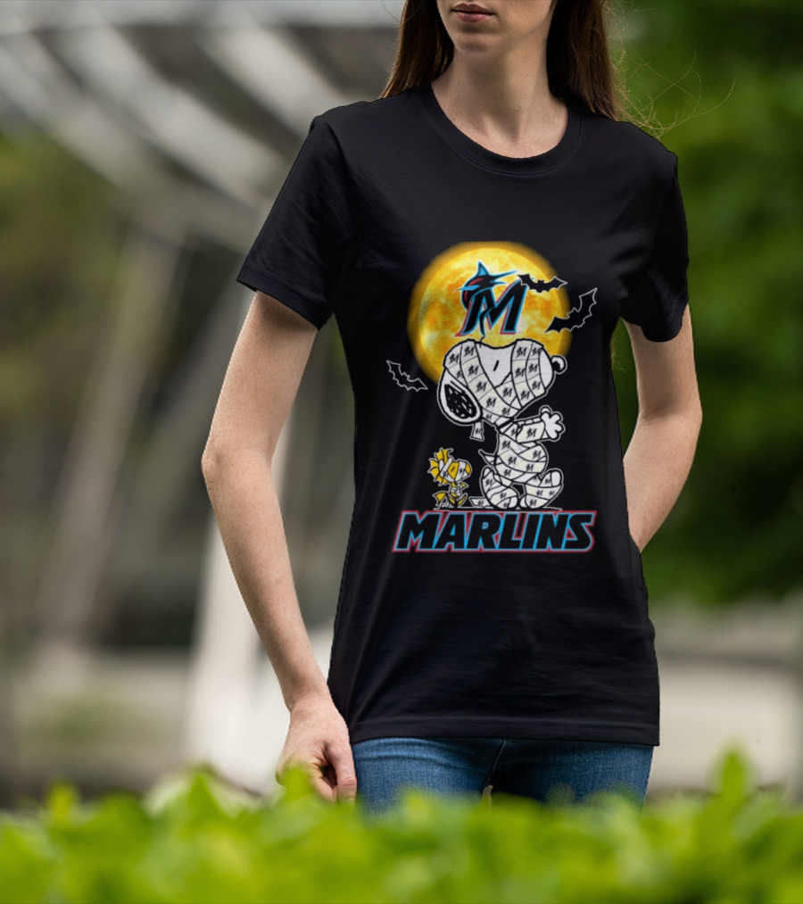 Miami Marlins Snoopy Woodstock Mummy Halloween Moon T-Shirt