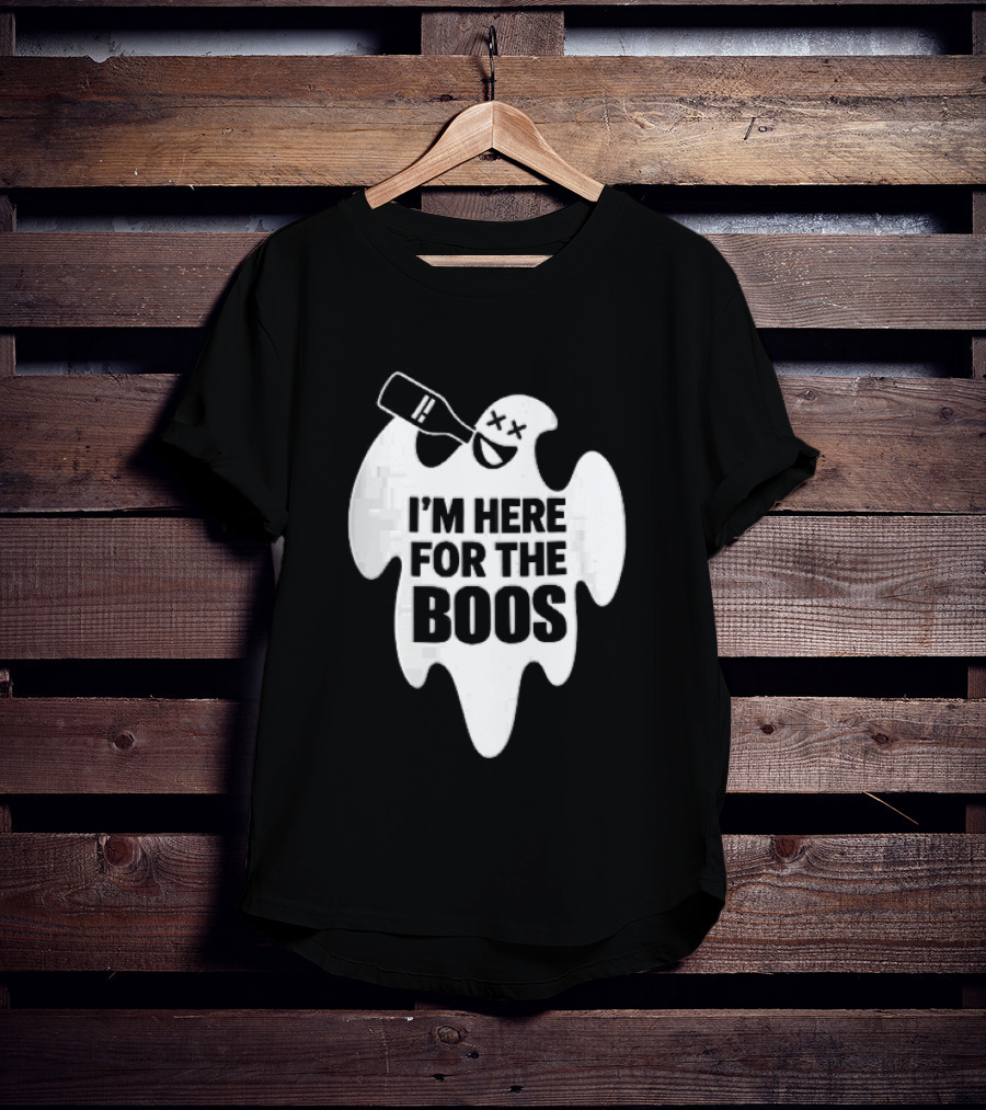 I'm Here For The Boos Cartoon Ghost Drinking Alcohol Bottle T-Shirt