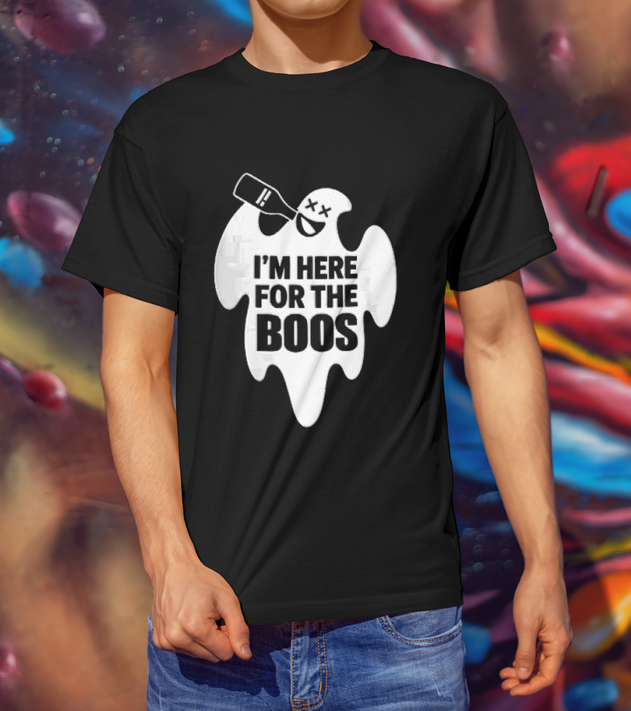 I'm Here For The Boos Cartoon Ghost Drinking Alcohol Bottle T-Shirt