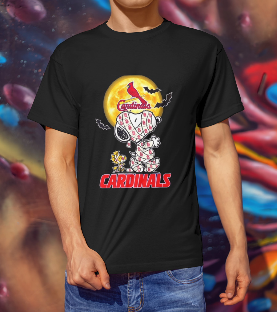 St. Louis Cardinals Snoopy Woodstock Mummy Halloween Moon Bats T-Shirt