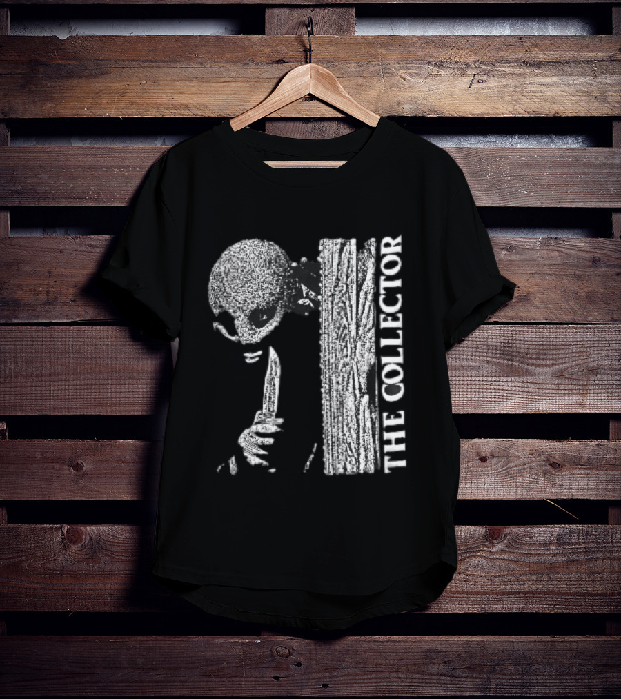 The Collector Masked Figure Knife Wooden Door Peeking Halftone T-Shirt