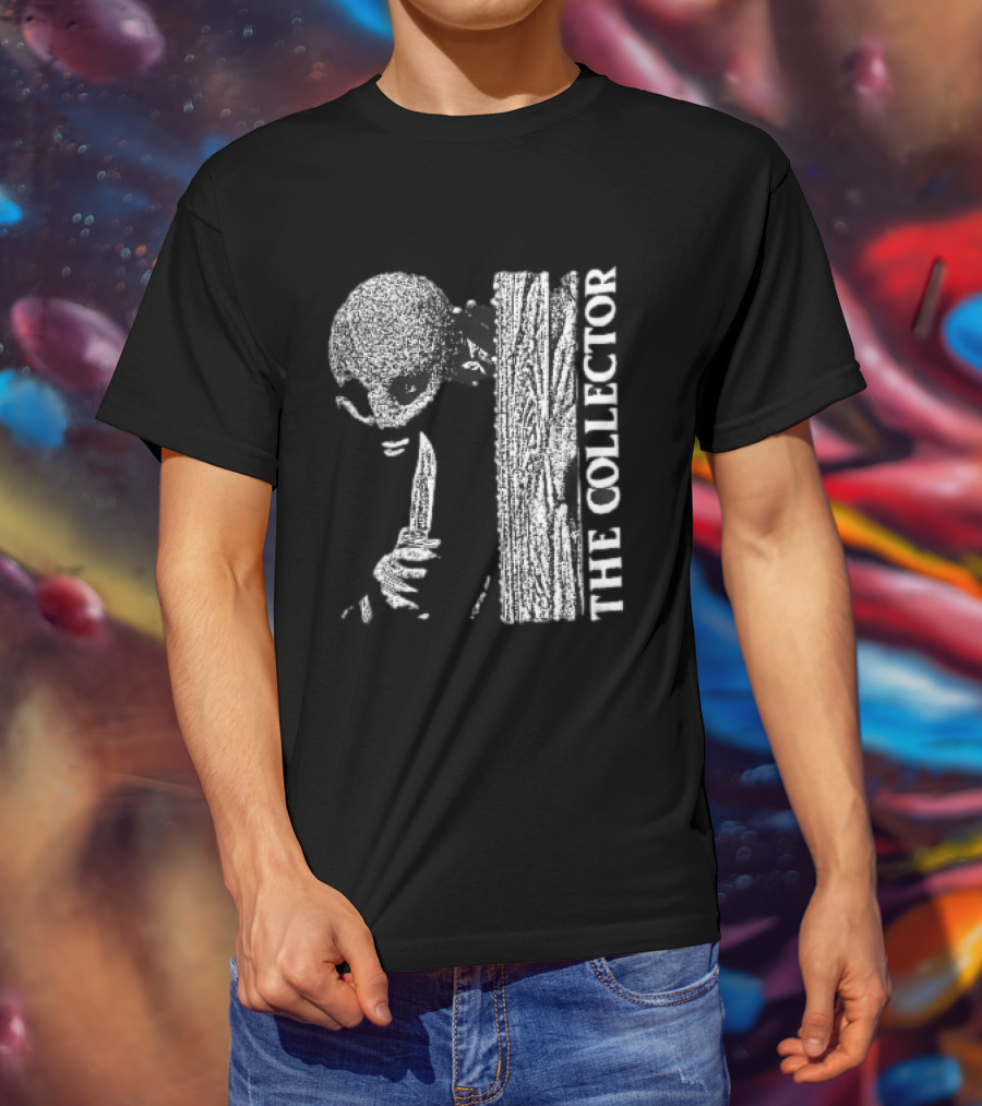 The Collector Masked Figure Knife Wooden Door Peeking Halftone T-Shirt