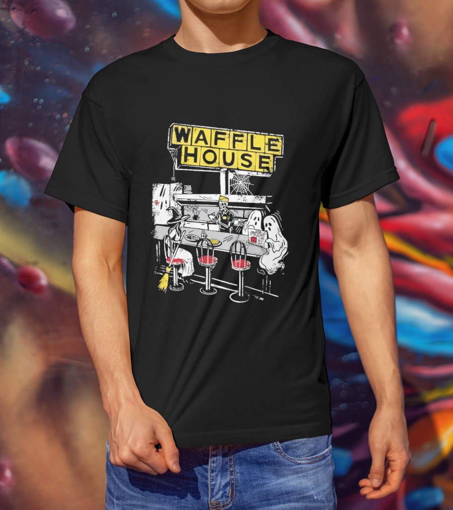 Waffle House Wafflehaunted House Ghostly Diner Scene Halloween T-Shirt